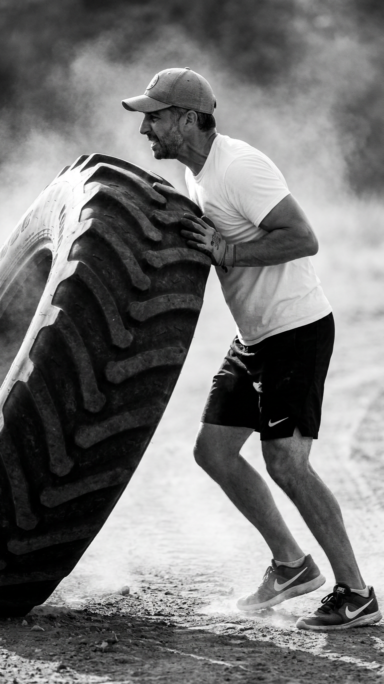 Pierre Rogers flipping a heavy tractor tire on a dusty road, black and white