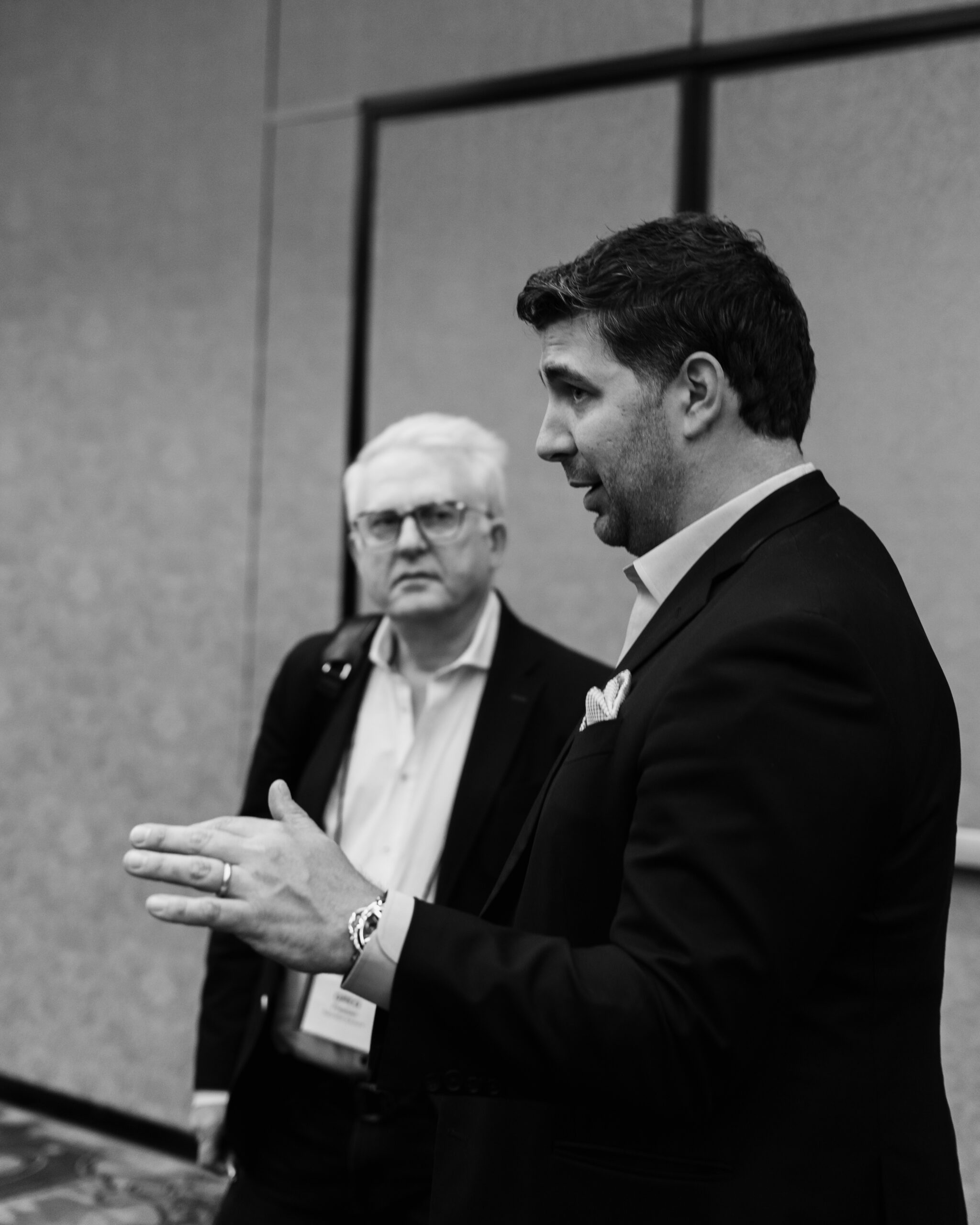Pierre Rogers mid-speech