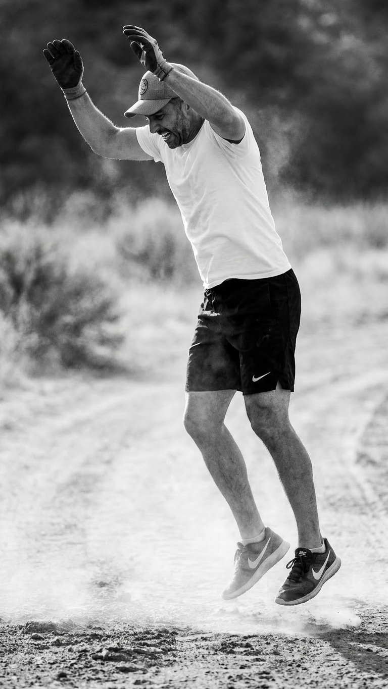 Pierre Rogers mid-burpee, jumping in a cloud of dust during an outdoor workout, black and white