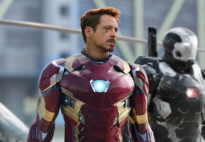 Robert Downey Jr. as Tony Stark in the Iron Man armor at the peak of his comeback